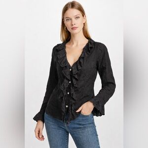 Patrizia Pepe Firenze Black Eyelet Ruffle Cotton Blouse Italy NWT Size 42